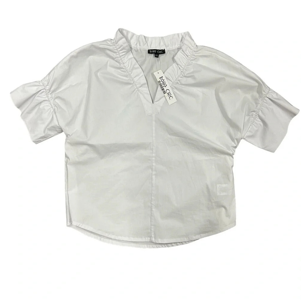 NWT Boho‎ Chic White Ruffle Top Blouse Collar and Sleeves Womens XS